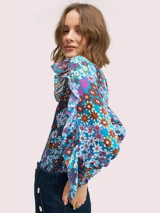 kate spade Tops - Kate Spade Pacific Petals Silk Floral Blouse Blue Sheer Ruffle Sleeve Top Small